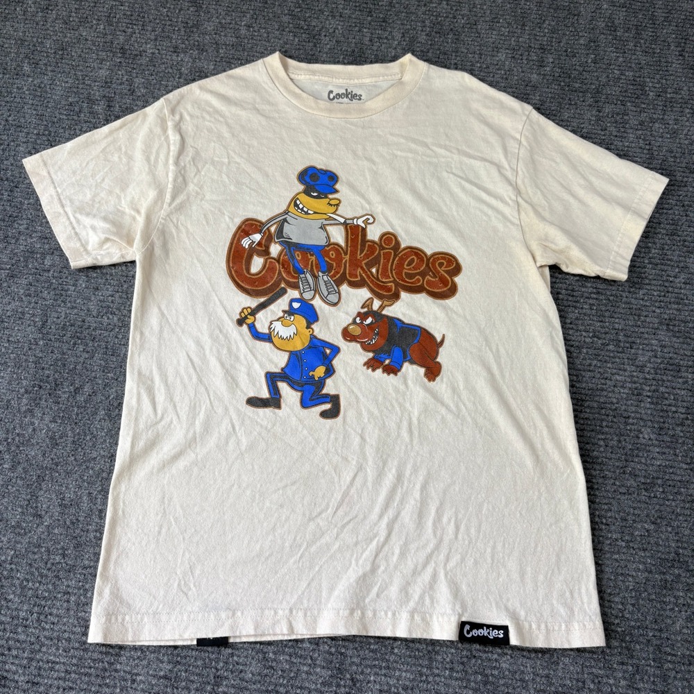 Cookies SF Mens Graphic T-Shirt Cream Cartoon Cop Robber Dog Streetwear Size M